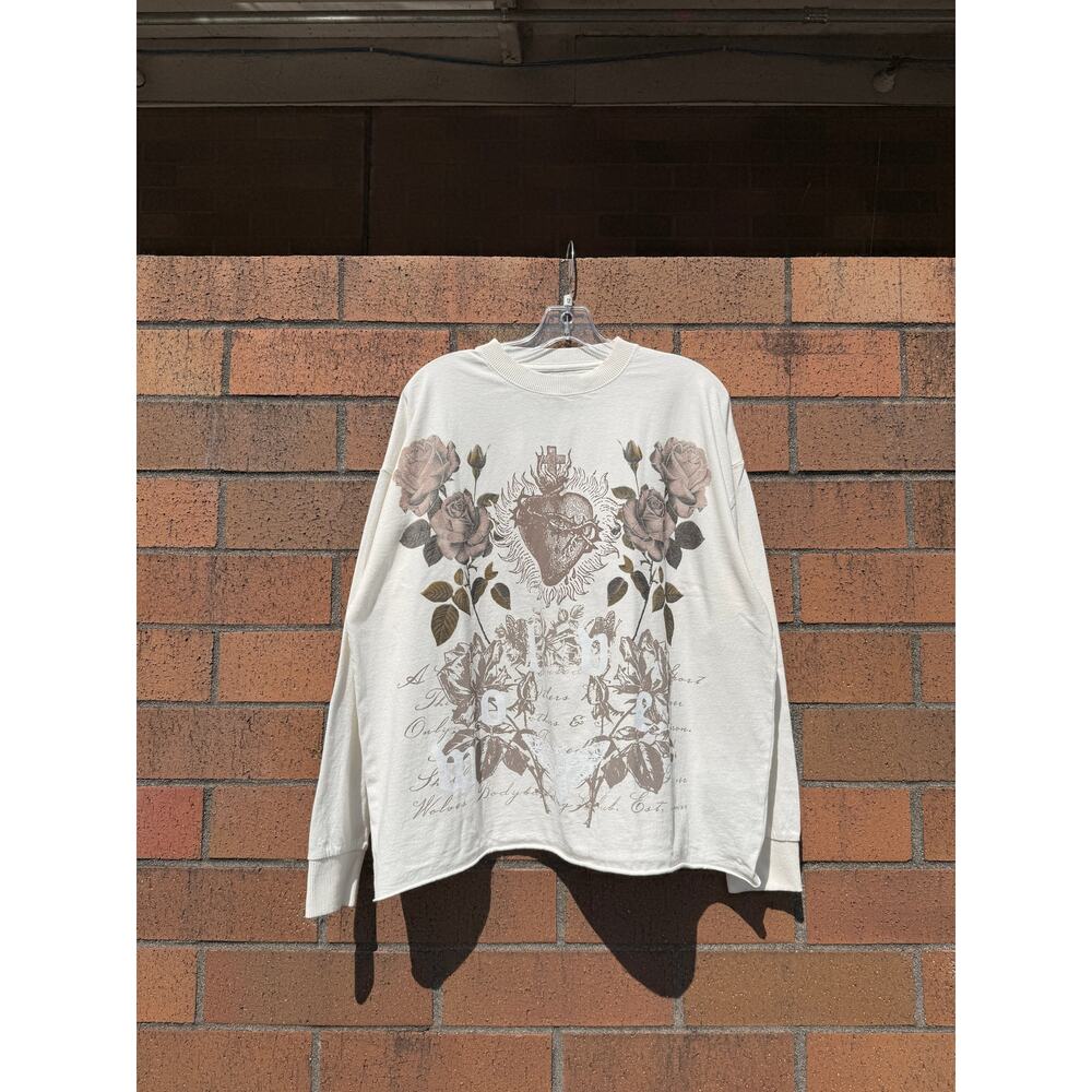 Darc Sport You Are the Reason Grunge Raw Hem Long Sleeve Tee Shirt Cream Heart